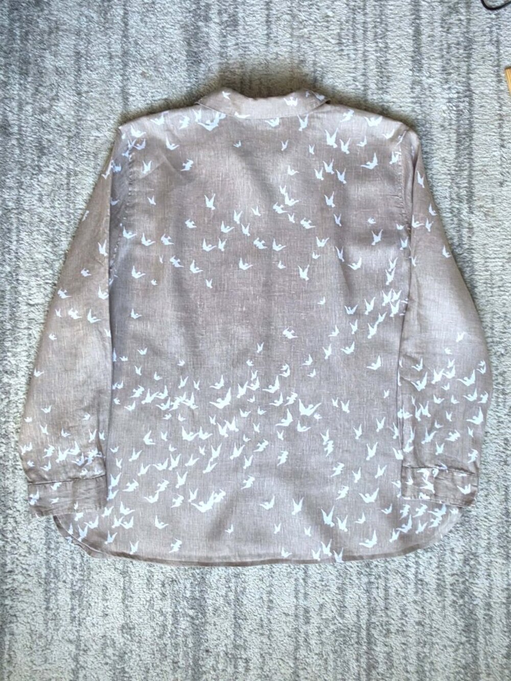 J. Jill 100% Linen Dove Bird Coastal Tan Khaki Button Down Long Sleeve Shirt XL - Picture 5 of 12